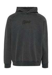 Ciemnoszara bluza z kapturem z przednią kieszenią typu kangur, prążkowanymi mankietami i teksturowanym logo na klatce piersiowej. Miękka tkanina o luźnym kroju.