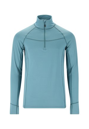 Lyseblå langærmet pullover med halvlukket hals, der har kontrasterende søm og en glat, strækbar tekstur.