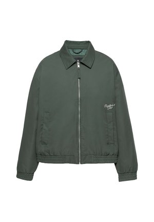 Giacca verde scuro con zip, colletto, polsini e orlo elastici, due tasche frontali e testo bianco sul petto sinistro con la scritta "Neighborhood Club."