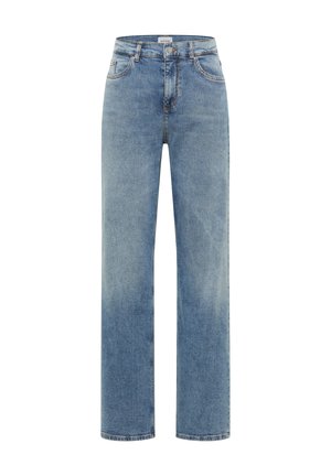 Jasnoniebieskie dżinsy o prostych nogawkach, z pięcioma kieszeniami i zapięciem na guzik w pasie.