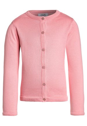 Pink long-sleeve knitted cardigan with round neckline and six front buttons, made by OVS brand.