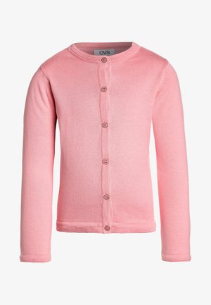 Różowy, długi sweter na guziki z okrągłym dekoltem i sześcioma guzikami z przodu, wykonany przez markę OVS.