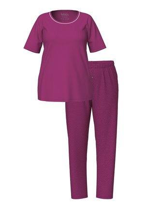 Conjunto de ropa de casa en color púrpura que incluye una blusa de manga corta con cuello redondo y pantalones a juego con un patrón de puntos y cintura elástica.