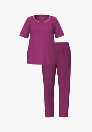 Set di abbigliamento da casa viola composto da una maglietta a maniche corte con scollatura rotonda e pantaloni coordinati con un motivo a pois e vita elastica.