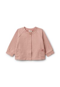 Rosa Langarm-Babyjacket mit kleinen weißen Punkten, Rundhalsausschnitt, einfacher Knopfschluss und zwei Fronttaschen.