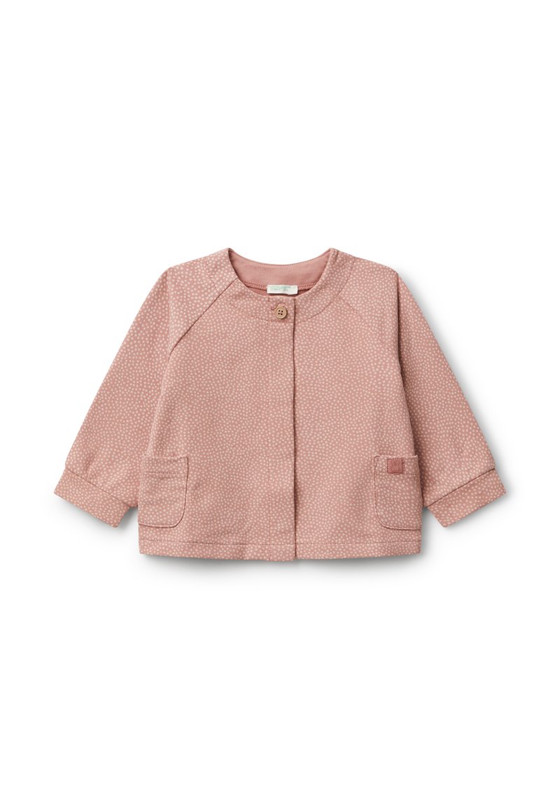 Rosa Langarm-Babyjacket mit kleinen weißen Punkten, Rundhalsausschnitt, einfacher Knopfschluss und zwei Fronttaschen.