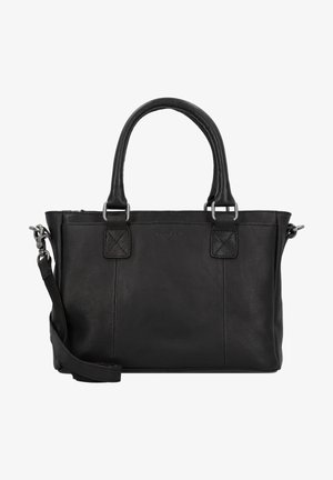 Sac à main en cuir noir avec deux poignées supérieures et une bandoulière amovible. Il présente une finition texturée et des accents en métal argenté.