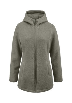 Fleecejack leren in een gedempte groene kleur met een capuchon, volledige ritssluiting aan de voorkant, twee voorzakken en een zachte, gestructureerde stofafwerking.
