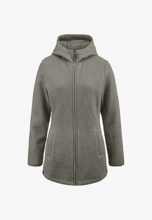 Fleece-Jacke in gedämpftem Grün mit Kapuze, durchgehendem Reißverschluss, zwei Fronttaschen und einer weichen, strukturierten Stoffoberfläche.