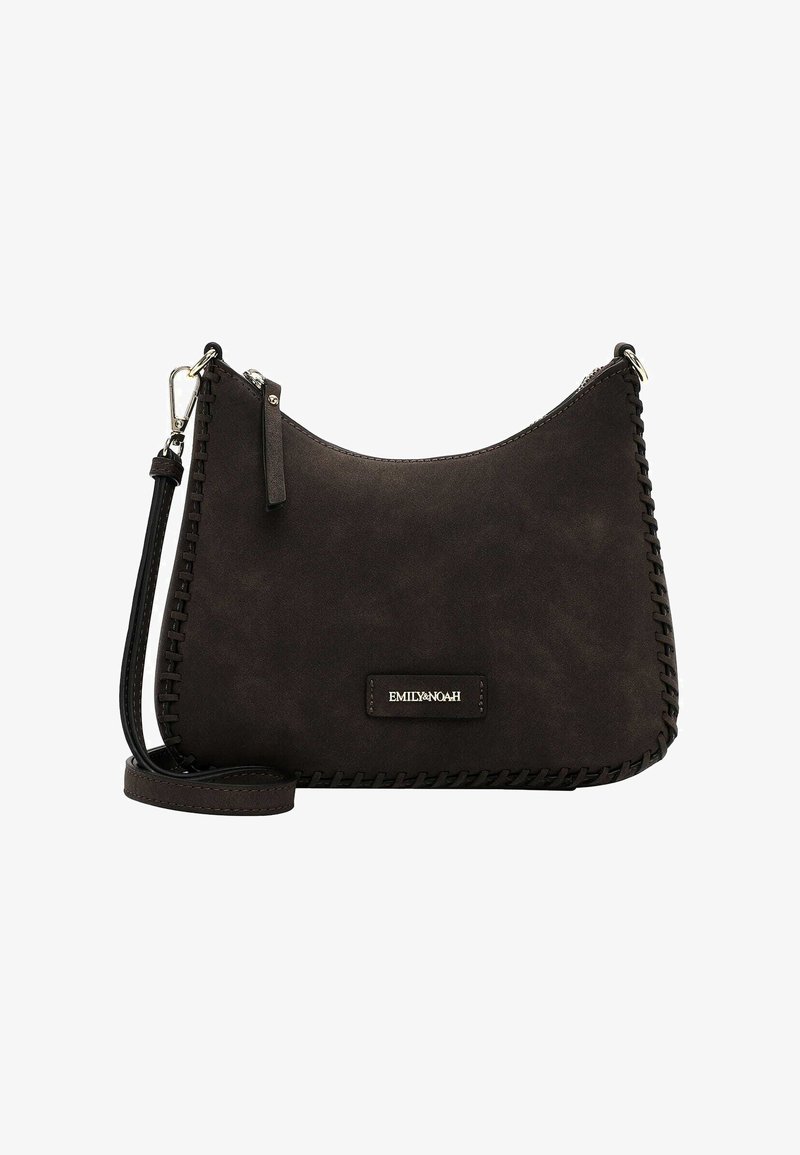 Borsa a tracolla in suede marrone scuro con forma curvata, dettagli cuciti lungo i bordi, chiusura con zip e placca con marchio sul fronte.