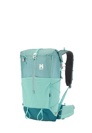 Sac à dos de randonnée Millet bleu clair avec plusieurs compartiments, bretelles réglables et soutien rembourré pour le dos et la taille.