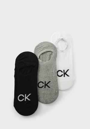 Three pairs of low-cut socks in black, gray, and white, featuring a smooth texture and a logo embroidered in contrasting colors.
