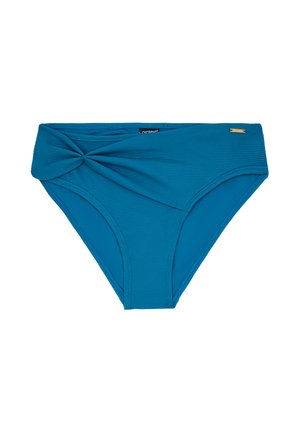 Niebieski dół bikini wykonany z prążkowanej tkaniny. Posiada skręcony detal z przodu oraz szeroki pas w taliach dla lepszego wsparcia. Bez dodatkowych wzorów.