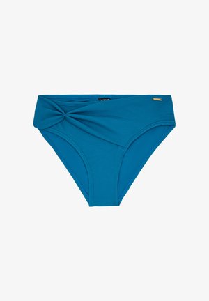 Plavi donji dio bikinija izrađen od rebrastog materijala. Ima uvijen detalj sprijeda i široki pojas za dodatnu potporu. Nema dodatnih uzoraka.