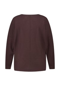 Pull en maille marron foncé à manches longues avec motif texturé et coupe ample, présenté de dos sur fond blanc.