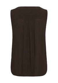 Blouse noire sans manches avec des détails plissés dans le dos et un ourlet arrondi, présentée sur fond blanc.