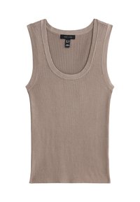Geribbelde tanktop in lichtbruin, met een ronde halslijn en brede bandjes. Gemaakt van zacht, rekbaar materiaal voor een comfortabele pasvorm.