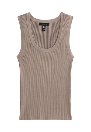 Débardeur à côtes de couleur brun clair, avec un décolleté en scoop et de larges bretelles. Confectionné en matériau doux et extensible pour un ajustement confortable.