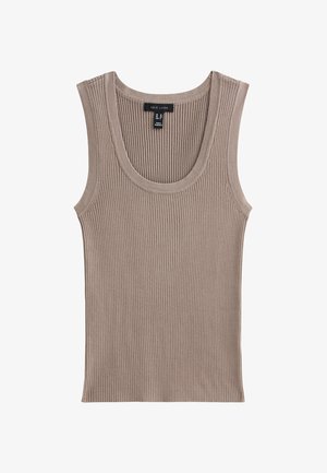 Prążkowany top na ramiączkach w jasnobrązowym kolorze, z okrągłym dekoltem i szerokimi ramiączkami. Wykonany z miękkiego, elastycznego materiału zapewniającego komfort noszenia.