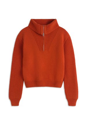 Orange knitted sweater with a high collar, half zip, and ribbed cuffs. Features textured pattern on shoulders and smooth body. Cropped design.