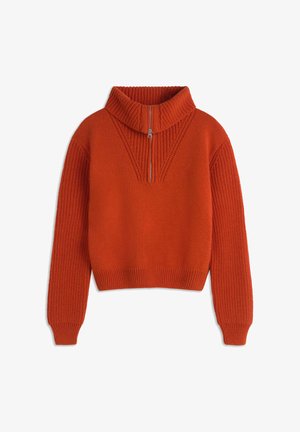 Orange knitted sweater with a high collar, half zip, and ribbed cuffs. Features textured pattern on shoulders and smooth body. Cropped design.