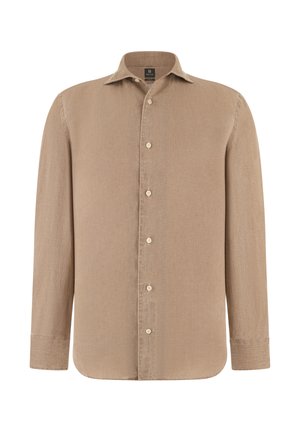 Beige Hemd mit Knöpfen, langärmlig, mit klassischem Kragen und sichtbaren Nähten, gefertigt aus strukturiertem Stoff.