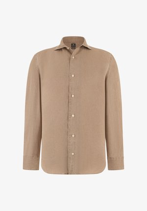 Beige Hemd mit Knöpfen, langärmlig, mit klassischem Kragen und sichtbaren Nähten, gefertigt aus strukturiertem Stoff.