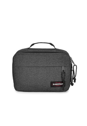 Gray fabric bag with a rectangular shape, featuring a top handle, front pocket, and zippers. Includes a logo patch. Textured material.