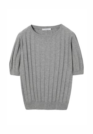 Grau gerippter Kurzarmpullover aus Strick mit rundem Ausschnitt und strukturiertem Muster. Weicher Stoff und figurbetonte Silhouette. Etikett mit Größenangabe.