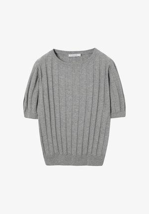 Grijs geribd gebreid kort mouwtruitje met een ronde halslijn en een gestructureerd patroon. Zachte stof en een getailleerde pasvorm. Label met maat.