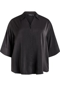 Čierna blúzka s krátkym rukávom, vyrobená z hladkej, ľahkej tkaniny, s predným zapínaním na gombíky a klasickým golierom, s voľným strihom.