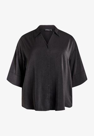 Black short-sleeve blouse made of smooth, lightweight fabric featuring a button-down front and a classic collar with a loose fit.