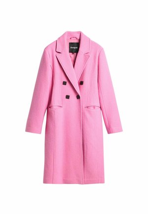 Rosa Wollmischungsjacke mit doppelt knöpfbarem Design, geknöpften Revers, Taschen vorne und schwarzen Knopfakzenten. Glatte Textur, mittellang.