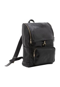 Zaino in pelle nera con un design strutturato, dotato di zip superiore, tasca frontale e dettagli in metallo dorato. Texture liscia.