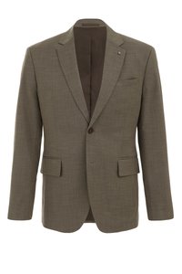 Olívazöld blézer, texturált anyagból készült. Részletes nyakkivágással, két elülső zsebfedéllel és egy gombos zárással rendelkezik. Barna bélés.