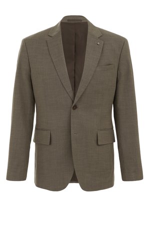Olive green blazer made of textured fabric. Features a notched lapel, two front flap pockets, and a single button closure. Brown interior lining.