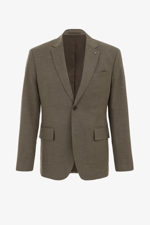 Olivově zelený blazer vyrobený z texturované látky. Má klopový límec, dvě přední kapsy s klopou a zapínání na jeden knoflík. Hnědá podšívka.
