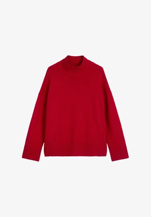 Roter gestrickter Rollkragenpullover mit gerippten Bündchen und Saum. Boxy-Schnitt und bequeme Passform, aus weichem Stoff mit glatter Textur.