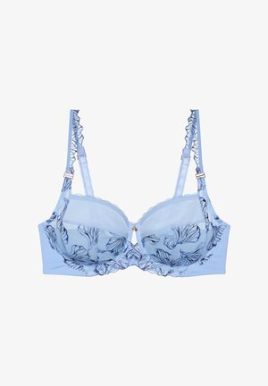 Vaaleansininen rintaliivi, jossa on kukkakuvioista kirjontaa, aaltoilevaa pitsiä reunassa ja röyhelöillä varustetut olkaimet. Tyylikkäässä muotoilussa on ruusukultaiset varusteet.