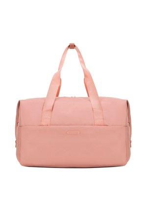 Borsa a sacca rosa con manici doppi, realizzata in tessuto liscio, dotata di chiusura con zip superiore e una tasca frontale con dettaglio del marchio.