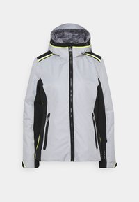 Veste d'hiver à capuche gris clair et noir avec accents jaune néon, fermeture éclair avant, poches latérales zippées, et doublure intérieure en peluche dans la capuche.