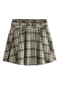 Green and black plaid skirt with pleats, featuring a wide waistband and a belt with a gold-tone buckle. Fabric appears textured.