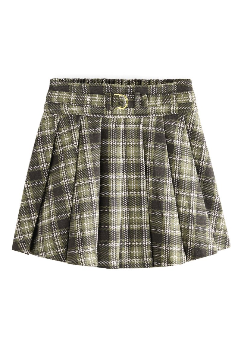 Green and black plaid skirt with pleats, featuring a wide waistband and a belt with a gold-tone buckle. Fabric appears textured.