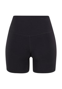 Shorts extensibles noirs avec une ceinture haute, une texture lisse et sans motifs. Caractéristiques : coutures plates et coupe ajustée.