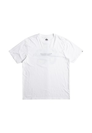White short-sleeve t-shirt made of cotton, featuring a black printed logo with "Quiksilver" and "Boardsport Company" text in the center.
