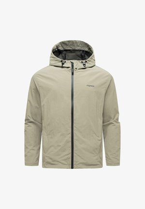 Giacca con cappuccio color beige chiaro con cerniera frontale completa, coulisse regolabili sul cappuccio e piccolo logo "ragwear" sul petto.