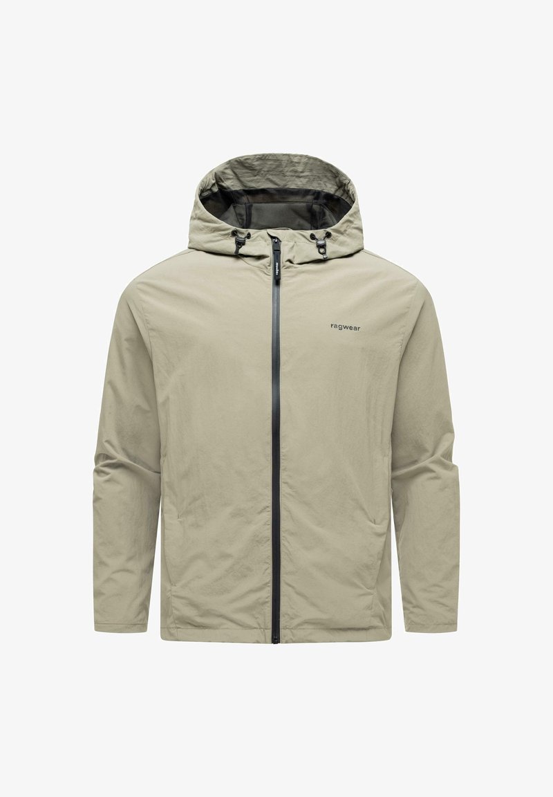 Jasno beżowa kurtka z kapturem na pełnym zapięciu na zamek, z regulowanymi sznurkami przy kapturze i małym logo "ragwear" na piersi.