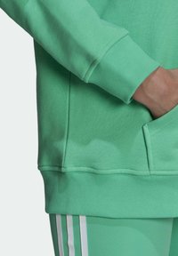 Mintgrön sweatshirt med ribbad nederkant och manschetter, samt en känguruficka. Tyget ser mjukt och texturerat ut, lämpligt för avslappnad användning.