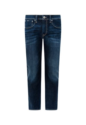 Dark blue denim jeans with a classic five-pocket design, contrast stitching, and a straight-leg silhouette. No visible distressing.