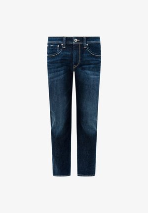 Jeans de ganga azul escuro com um design clássico de cinco bolsos, costura em contraste e uma silhueta de perna reta. Sem desgastes visíveis.